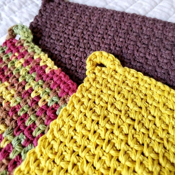 3 CROCHET DISHCLOTH WASHCLOTH 100% COTTON HANDMADE NEW Brown Yellow Green Fall - Picture 2 of 11